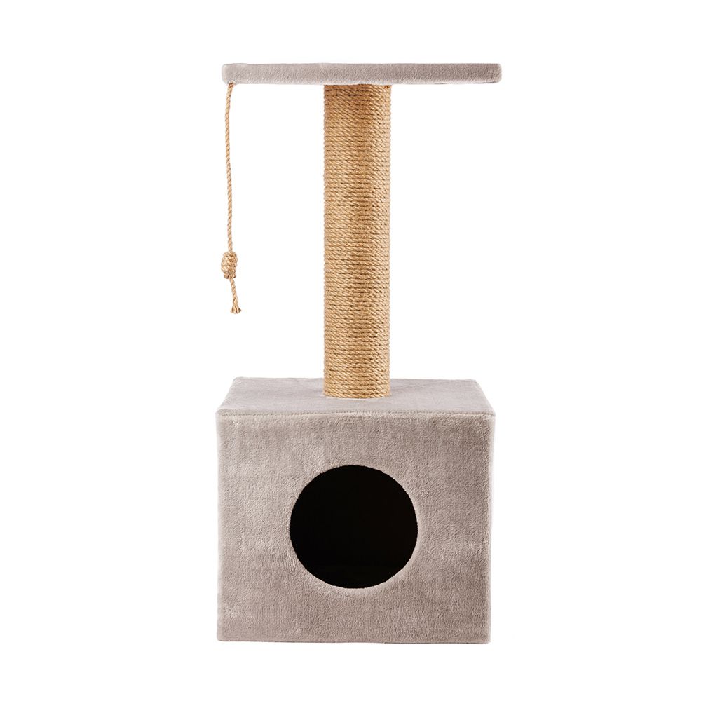 Дом-когтеточка с джутом для кошек Куб с площадкой, 35х35х75, 10 см, светло-серый