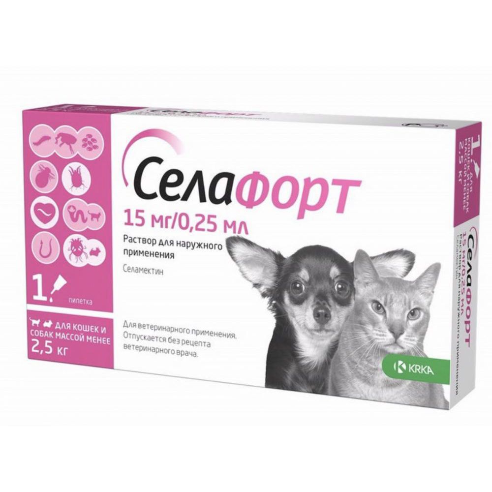 Селафорт селамектин Капли на холку для собак и кошек весом до 2,5 кг от блох, чесоточных клещей и гельминтов, 15 мг