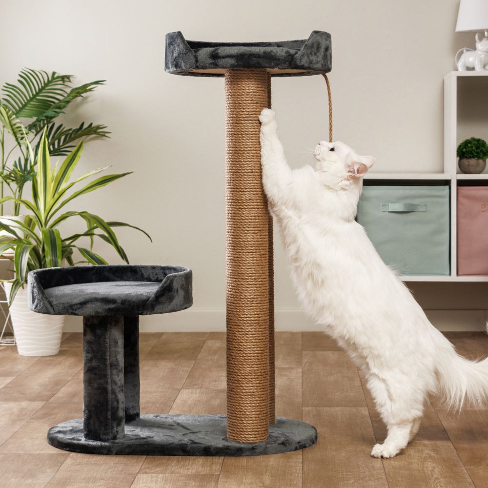 Когтеточка Дзета (60х35х89 см) с двумя столбцами и лежанками для кошек, серая