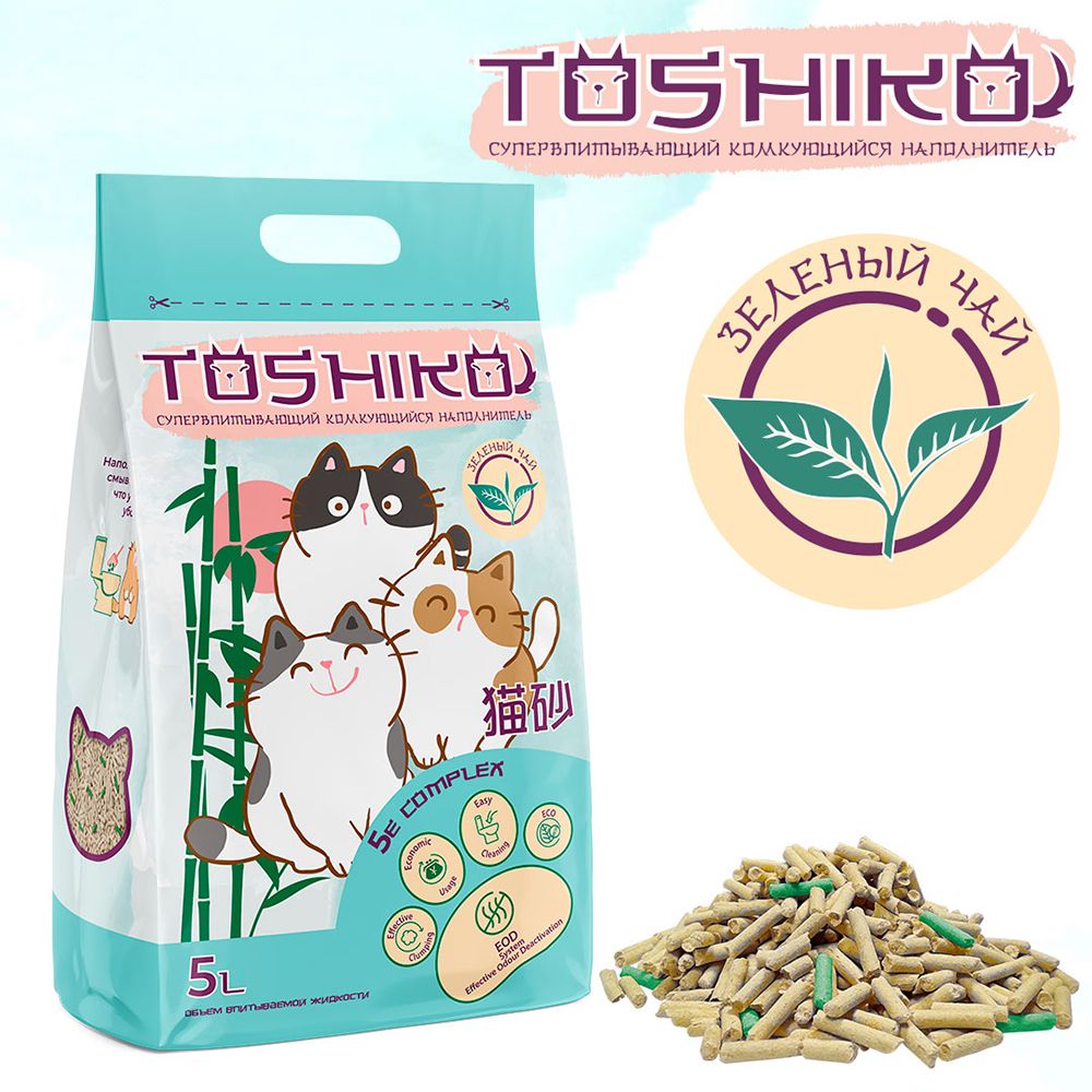 Toshiko Наполнитель древесный комкующийся зеленый чай 1,9кг 5л