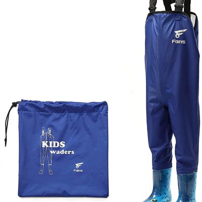 8Fans Kids Chest Waders, водонепроницаемые молодежные вейдерсы для рыбалки, 2 слоя водонепроницаемого нейлона из ПВХ с противоскользящими мультяшными ботинками синего цвета