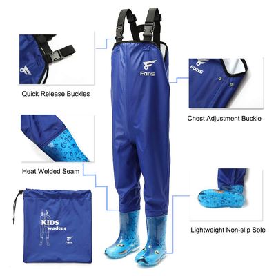 8Fans Kids Chest Waders, водонепроницаемые молодежные вейдерсы для рыбалки, 2 слоя водонепроницаемого нейлона из ПВХ с противоскользящими мультяшными ботинками синего цвета
