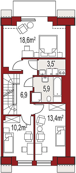 Планировка «План мансарды», Трёхэтажный дом 6х13 - 139.9 м2