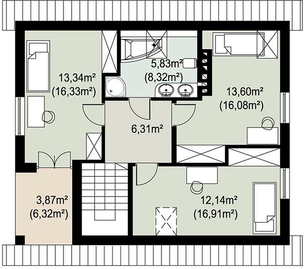 Планировка «План мансарды», Двухэтажный дом 11х9 - 122.21 м2
