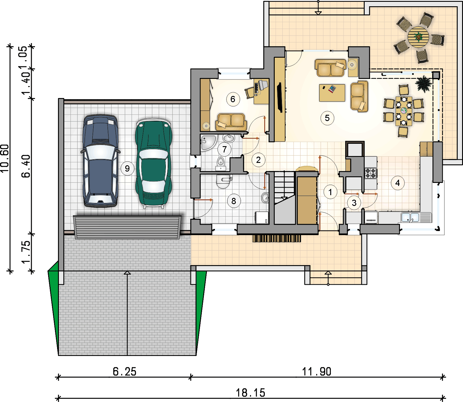 Планировка «План первого этажа», Двухэтажный дом 18х11 - 164.4 м2