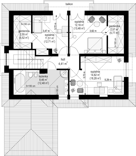 Планировка «План мансарды», Двухэтажный дом 12х15 - 155.95 м2
