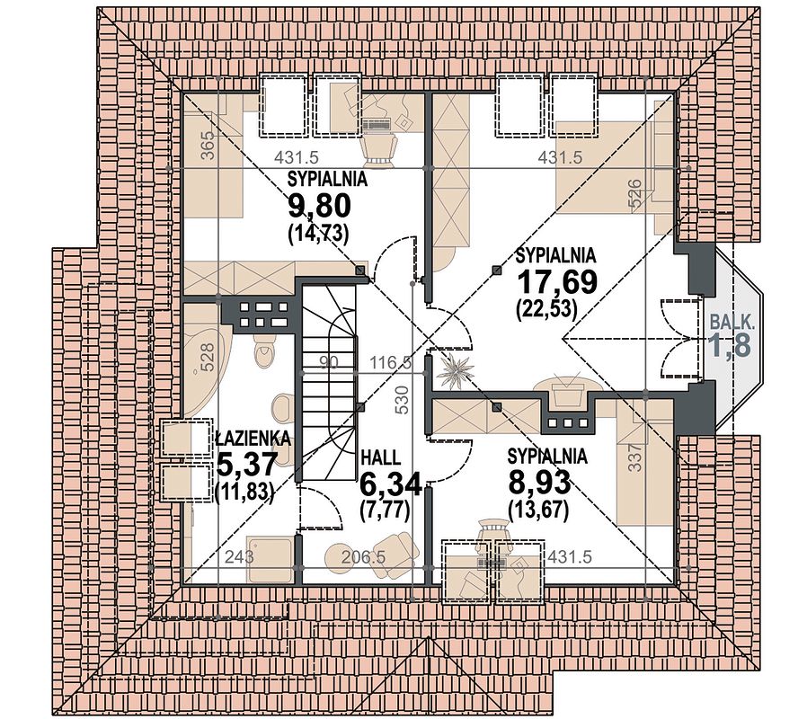 Планировка «План мансарды», Двухэтажный дом 11х11 - 121.99 м2