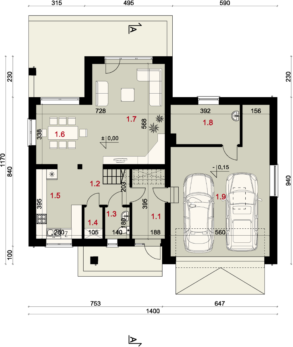 Планировка «План первого этажа», Двухэтажный дом 14х12 - 193.51 м2