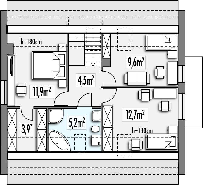 Планировка «План мансарды», Двухэтажный дом 13х11 - 129.9 м2