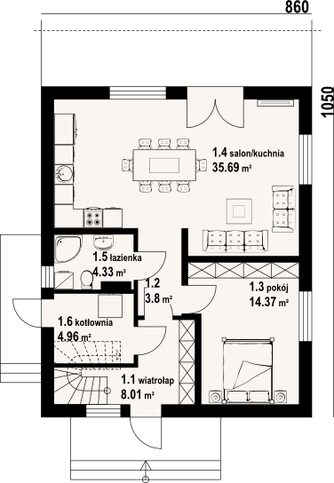 Планировка «План первого этажа», Двухэтажный дом 9х11 - 131.27 м2