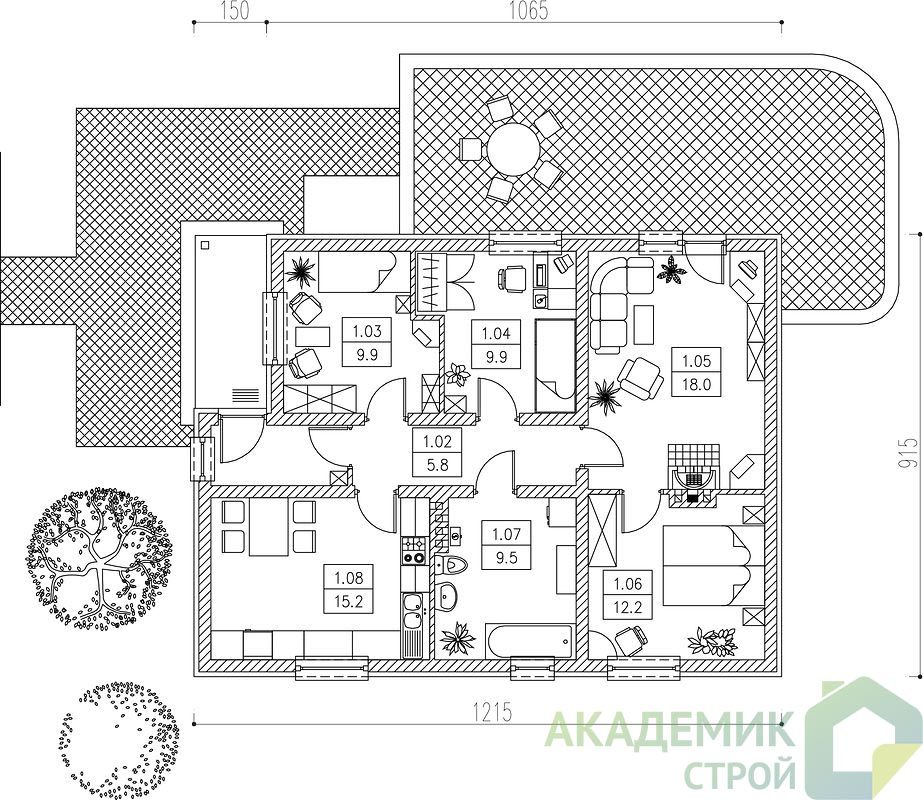 Одноэтажный дом 12х9 - 84 м2 — вид 3