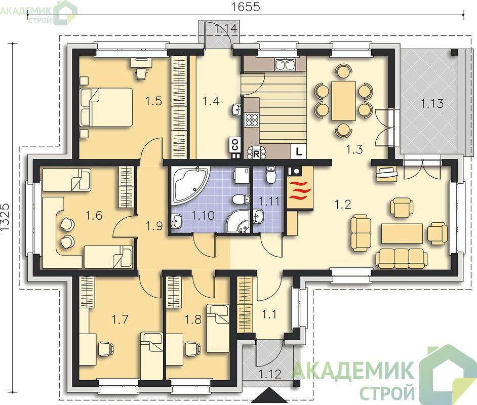Одноэтажный дом 17х15 - 130.88 м2 — вид 3