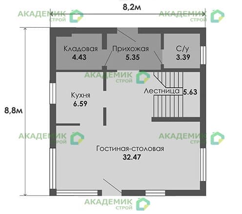 Планировка «План первого этажа», Двухэтажный дом 9х8 - 115.43 м2