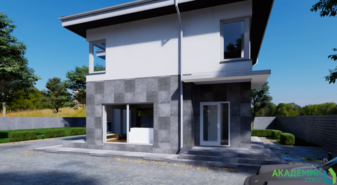 Визуализация проекта двухэтажного каменного дома🏠 с большими окнами