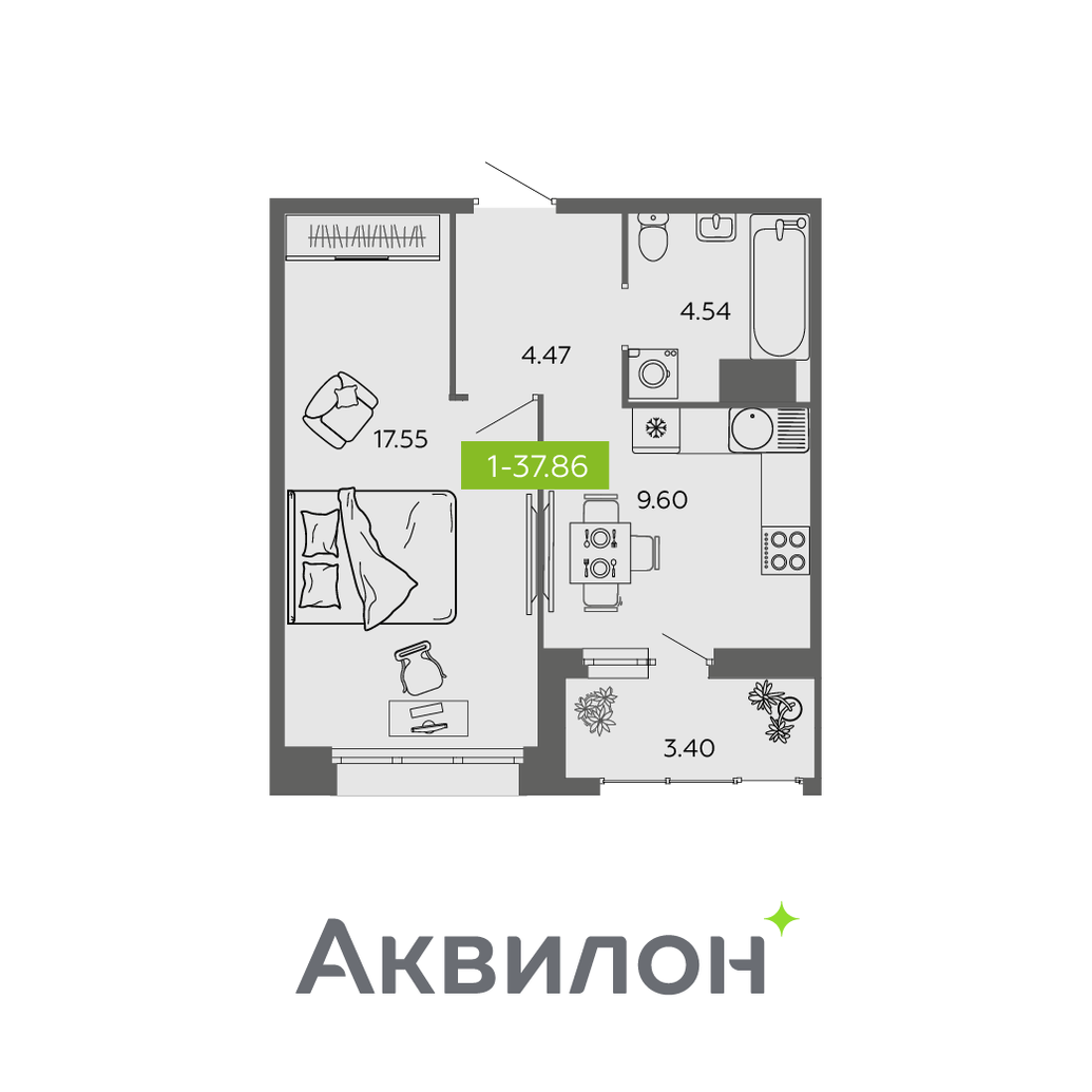 Купить квартиру № 121 37.86 м2, в ЖК Аквилон DUAL в Архангельскe по цене 5547285 руб. от застройщика