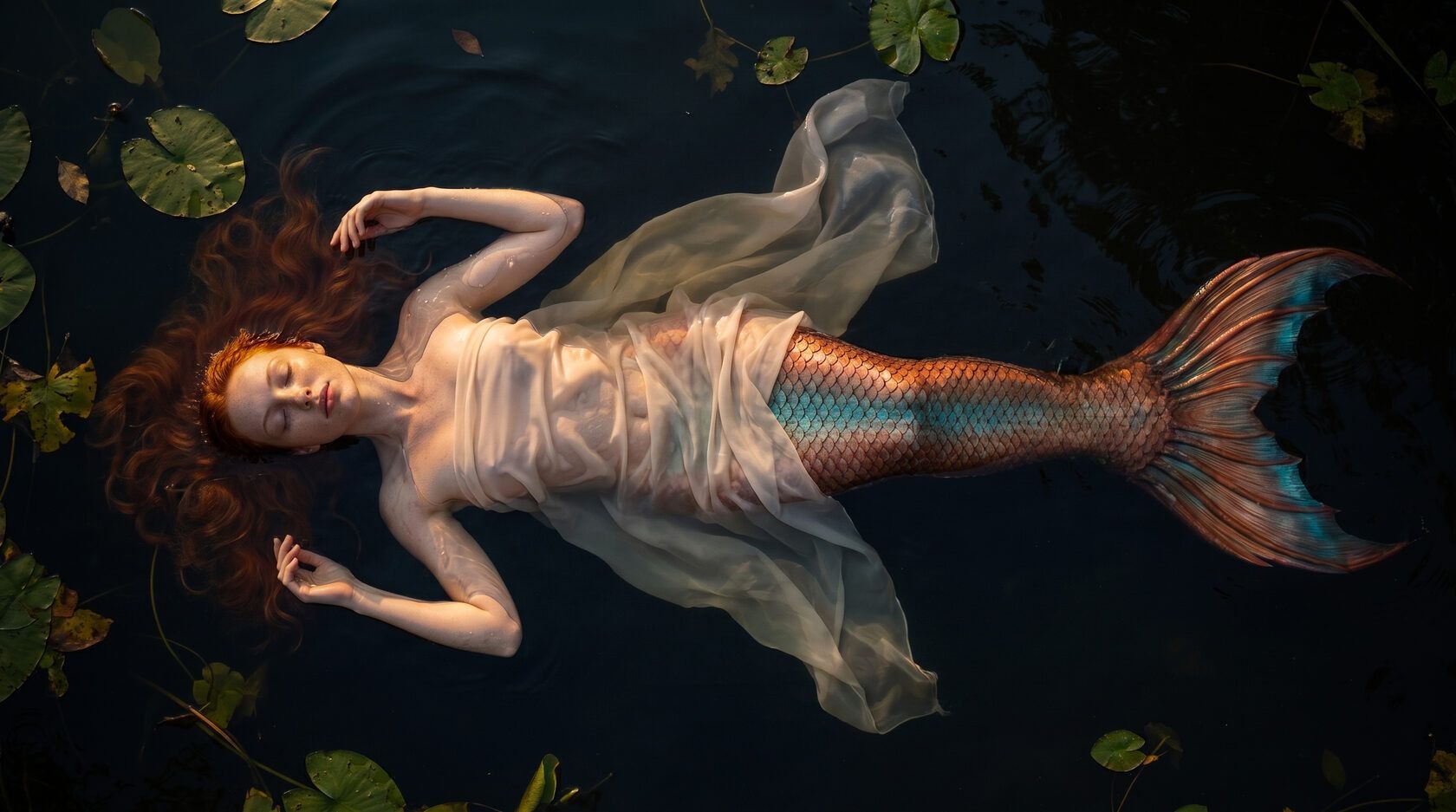 Mermaid floating among water lilies