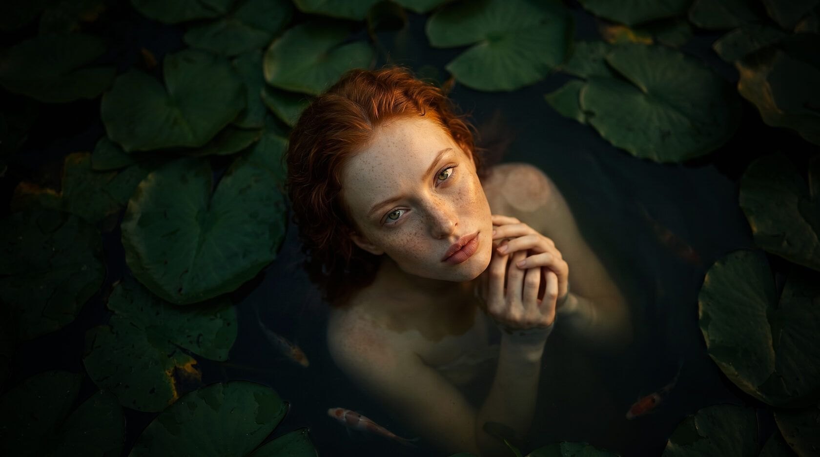Mermaid among water lilies, looking up