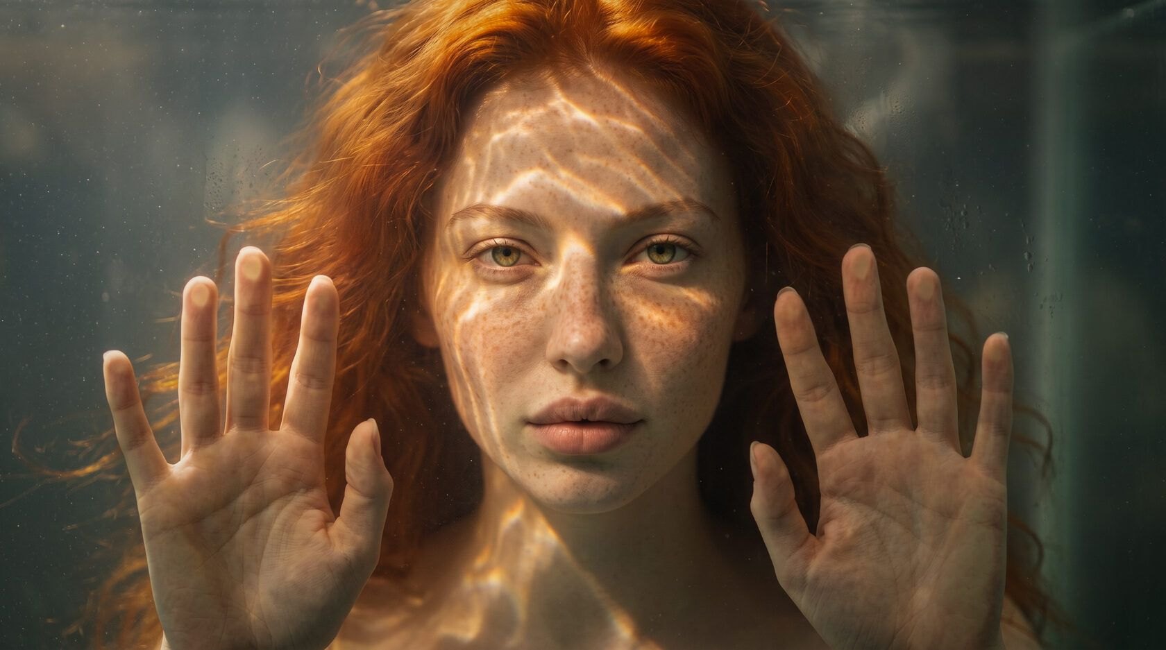 Mermaid pressing her hands against the glass