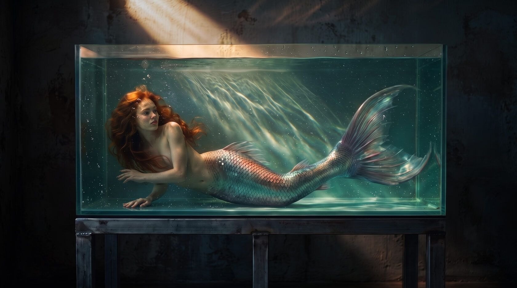 Mermaid in a glass tank in a dark room