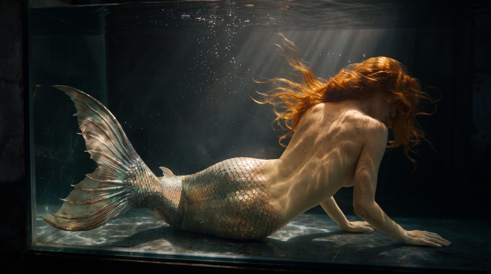 Mermaid in a glass tank, still from the AI series