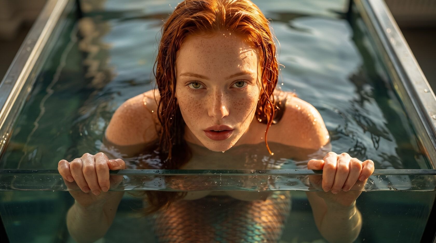 Mermaid at the edge of the tank