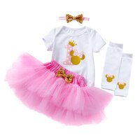 Комплект одежды для девочек на 1-й день рождения, хлопковые боди для новорожденных + розовая юбка-пачка + гетры + повязка на голову, 4 шт./компл., Одежда для младенцев 1005001265494351