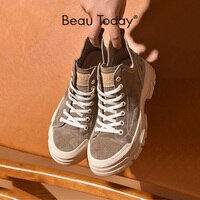 BeauToday/Повседневные кроссовки; Женские замшевые кожаные туфли с круглым носком и шнуровкой; Модные женские туфли на плоской подошве в стиле ретро; 29575 ручной работы 1005001279138288