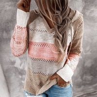 Женский трикотажный свитер с капюшоном, повседневный Полосатый пуловер с длинным рукавом и V-образным вырезом, кофта в стиле пэчворк на осень, 2020 1005001281182632