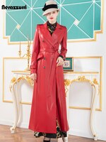 Nerazzurri красный длинный кожаный плащ для женщин с длинными рукавами и лацканами макси мягкий дождевик для женщин Кожаные пальто больших размер в британском стиле.кожаный тренч женский 2020.тренч из экокожи.6xl 7xl 1005001307742823