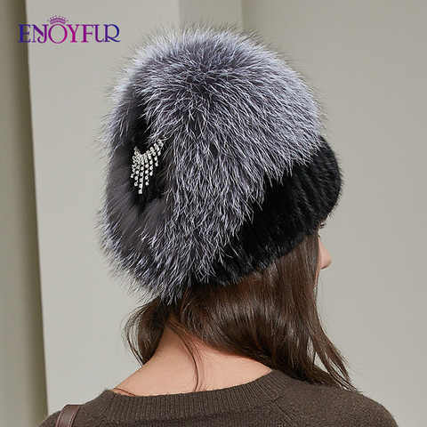 Женская шапка бини ENJOYFUR, теплая вязаная шапка из натурального меха норки и лисы, в форме сердца, на зиму, шапочки горро 1005001314693605