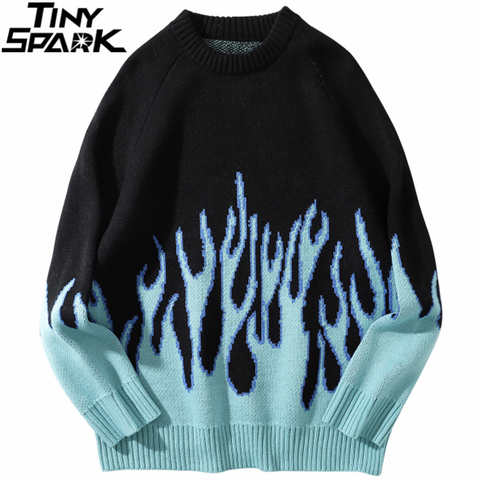 Хип-хоп мужской уличная одежда Harajuku вязаный свитер синий огонь пламя 2023 осенний свитер пуловер Свободный Хип-Хоп Ретро винтажный хлопок 1005001321964325