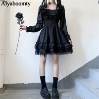 Женское мини-платье с вырезом лодочкой и высокой талией, черное готическое платье с пышными рукавами и кружевными оборками, вечерние японском стиле Лолиты 1005001347081324