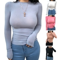 Женская тонкая футболка с круглым вырезом, однотонный прозрачный пуловер, повседневный облегающий эластичный Базовый Топ с длинным рукавом на осень 2020 1005001375641931