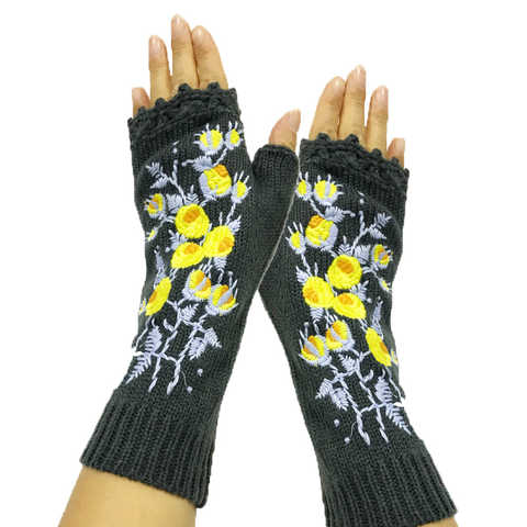 Варежки женские шерстяные, с цветочной вышивкой, трикотажные зимние перчатки 1005001411386918