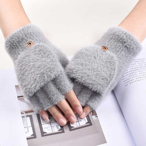 Зимние теплые плюшевые перчатки, вязаные перчатки без пальцев, однотонные мягкие варежки для девочек 1005001412861906