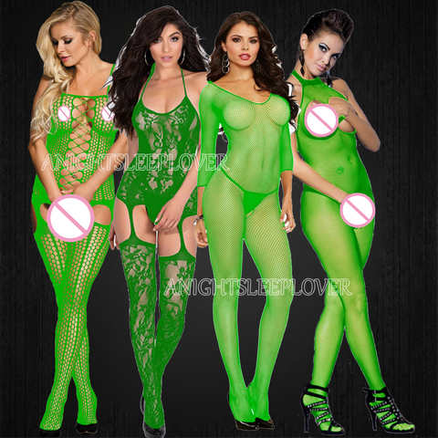 Зеленые женские Сетчатое Боди с открытой промежностью, сетчатые колготки-нижнее белье, эротическое боди, одежда для сна с вырезами 1005001459639497
