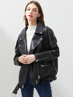 Женская куртка из искусственной кожи Fitaylor, свободная повседневная байкерская куртка с поясом, верхняя одежда, женские топы, черная кожаная куртка BF 1005001469349226