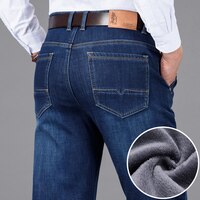Классические Стильные зимние мужские теплые деловые джинсы модные повседневные джинсовые Стрейчевые хлопковые плотные флисовые джинсовые брюки мужские Брендовые брюки 1005001470974175