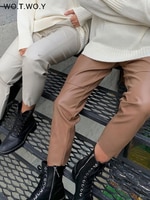 Женские свободные кожаные брюки с высокой талией WOTWOY, однотонные брюки из искусственной кожи с завязками на осень, прямые брюки для женщин 2022 1005001483574958