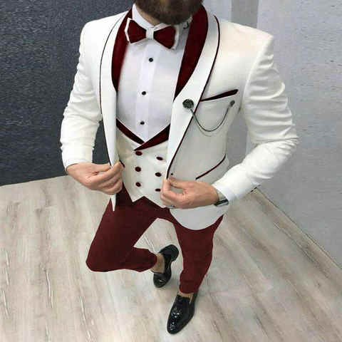Мужской костюм, Модный деловой облегающий костюм из трех предметов, белые блейзеры, бордовые брюки, мужской смокинг, свадебные мужские костюмы, костюм для жениха 1005001487088137