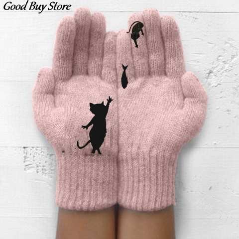 Зимние теплые кашемировые перчатки, толстые шерстяные вязаные перчатки с кошачьим принтом, мягкие трикотажные варежки для мужчин и женщин 1005001520161134