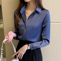 Женская атласная рубашка, модная женская блузка с длинным рукавом, однотонный топ, женские рубашки и блузка, Базовые Женские топы, женская одежда в офисном стиле, 2023 1005001521190338