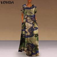Женское платье с коротким рукавом 2022 VONDA женское повседневное хлопковое винтажное платье с принтом богемный Летний Пляжный Сарафан 1005001562710485