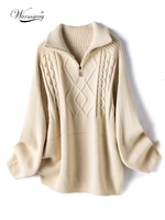 Женский шерстяной свитер большого размера, плотный теплый вязаный пуловер, однотонная Водолазка с длинным рукавом и молнией, зимнее пальто 1005001565862153
