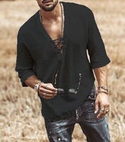 Мужская модная рубашка хиппи, повседневная, с рукавом средней длины, V-образным вырезом, летняя пляжная свободная футболка 1005001599764612