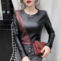 Женская Зимняя Блузка, кожаные топы для женщин, женская рубашка в стиле пэчворк из искусственной кожи размером 4XL, женский эластичный Теплый Бархатный топ, женские рубашки 1005001604540207