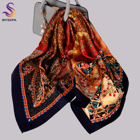 BYSIFA | Зимние новые шарфы, хиджабы, женский модный квадратный шарф из чистого шелка, дизайн с принтом «Древо жизни», темно-синий, красный шарф-накидка на шею 1005001610630455