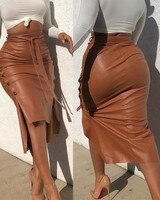 Женская модная юбка миди из искусственной кожи, однотонная тонкая юбка с высокой талией и боковыми пуговицами, женская уличная одежда 1005001659688642