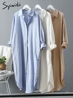 Syiwidii длинное белое платье-рубашка для женщин из льна и хлопка 2022 Лето Осень Повседневная Корейская одежда винтажное платье миди большого размера 1005001669241446