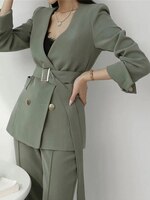 Женский офисный костюм на весну и осень, зеленый комплект из двух предметов с v-образным вырезом, Женский блейзер, элегантный темпераментный брючный костюм для девушек 1005001710225851